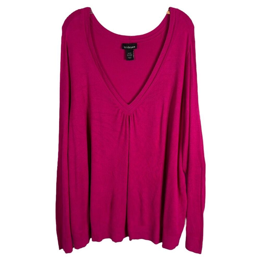 Lane Bryant Plus Size 26W 28W Sweater Hot Pink V Neck Knit Ribbed‎ Trim 386